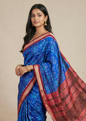 Blue Handloom Bomkai Pure Silk Saree With Blouse Piece