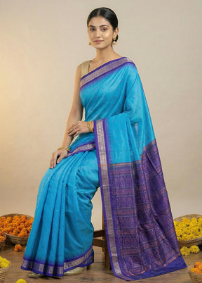 Blue Handloom Bomkai Pure Silk Saree With Blouse Piece