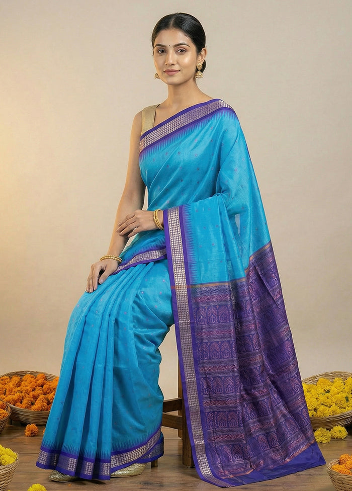 Blue Handloom Bomkai Pure Silk Saree With Blouse Piece