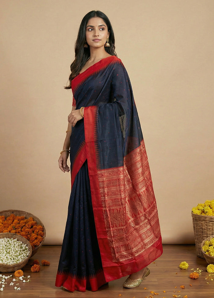 Black Handloom Bomkai Pure Silk Saree With Blouse Piece