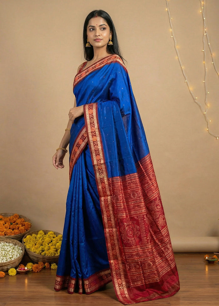Blue Handloom Bomkai Pure Silk Saree With Blouse Piece