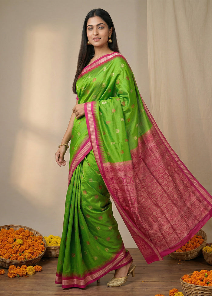 Green Handloom Bomkai Pure Silk Saree With Blouse Piece
