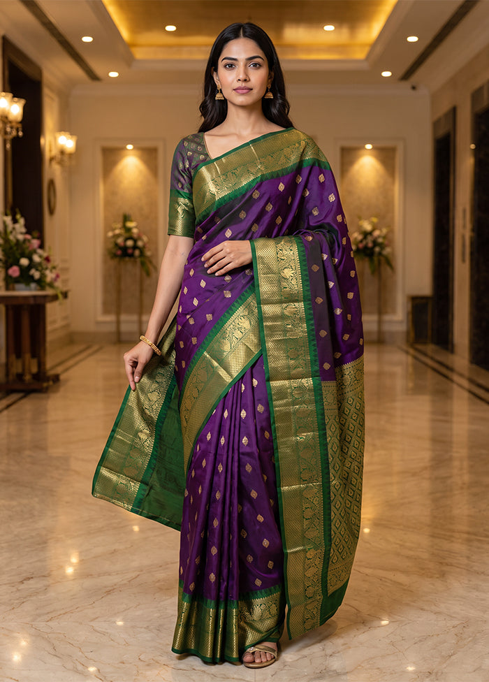 Purple Handloom Kanchipuram Pure Silk Saree With Blouse Piece