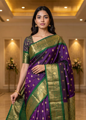 Purple Handloom Kanchipuram Pure Silk Saree With Blouse Piece