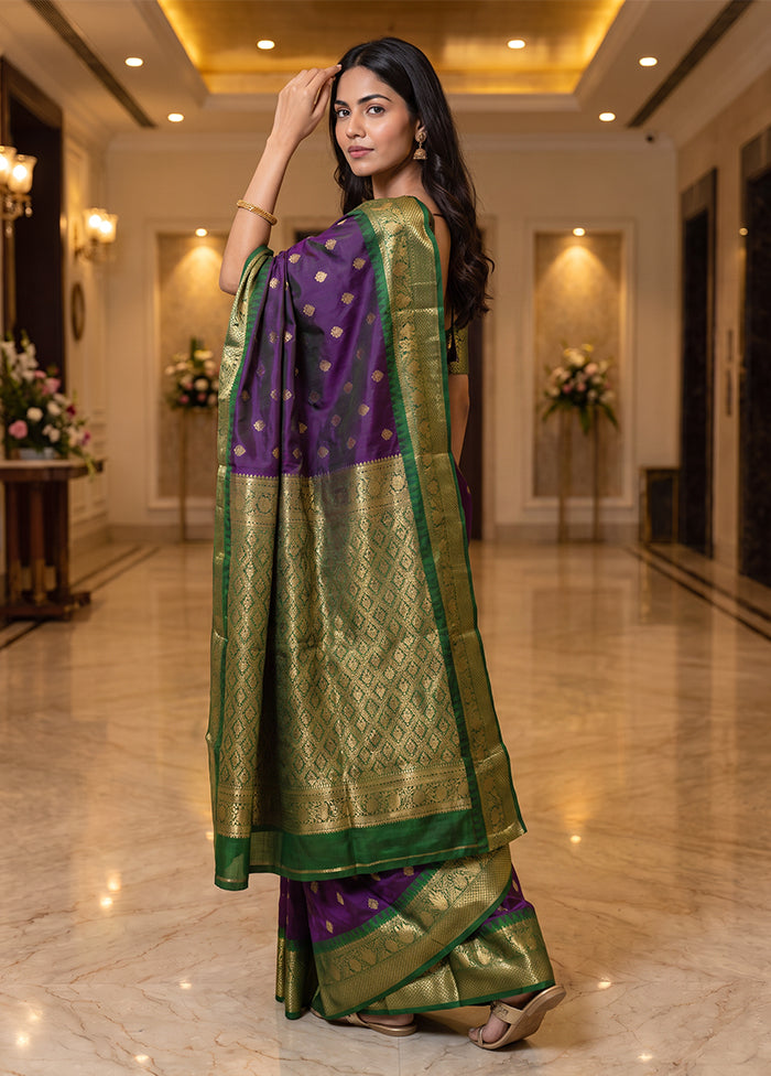 Purple Handloom Kanchipuram Pure Silk Saree With Blouse Piece