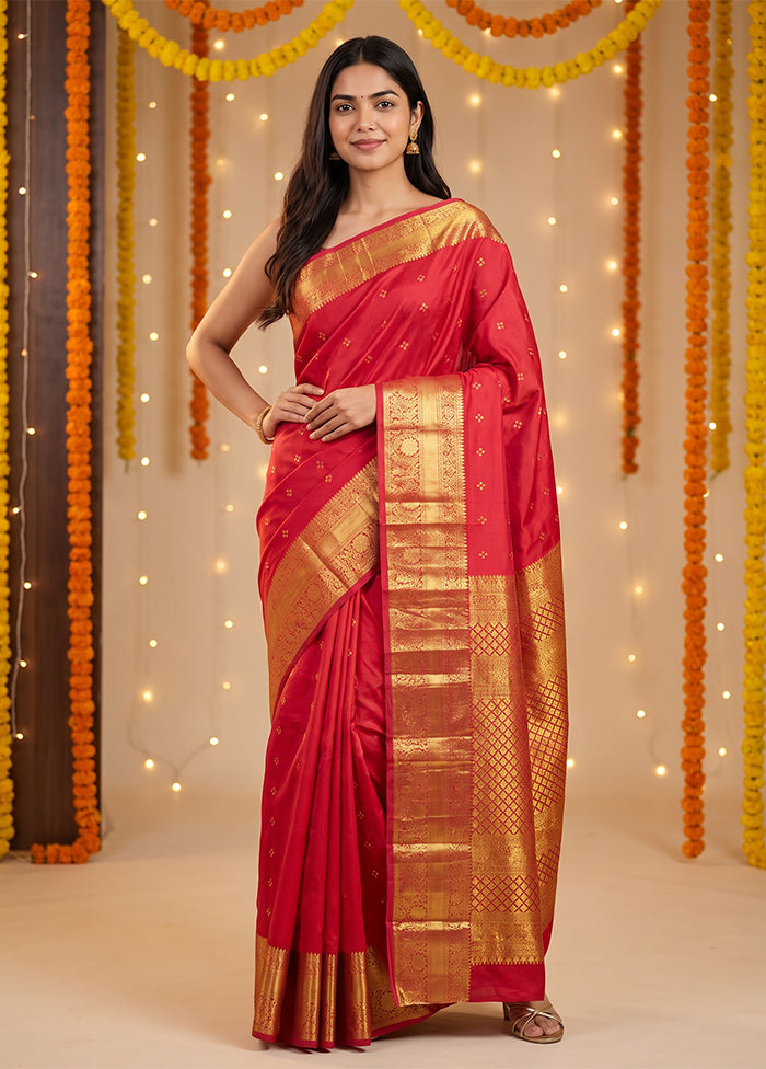 Red Handloom Kanchipuram Pure Silk Saree With Blouse Piece