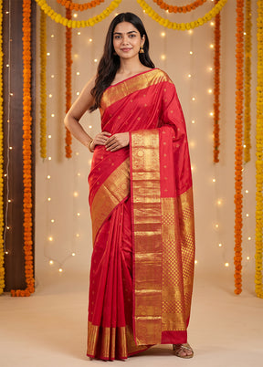 Red Handloom Kanchipuram Pure Silk Saree With Blouse Piece