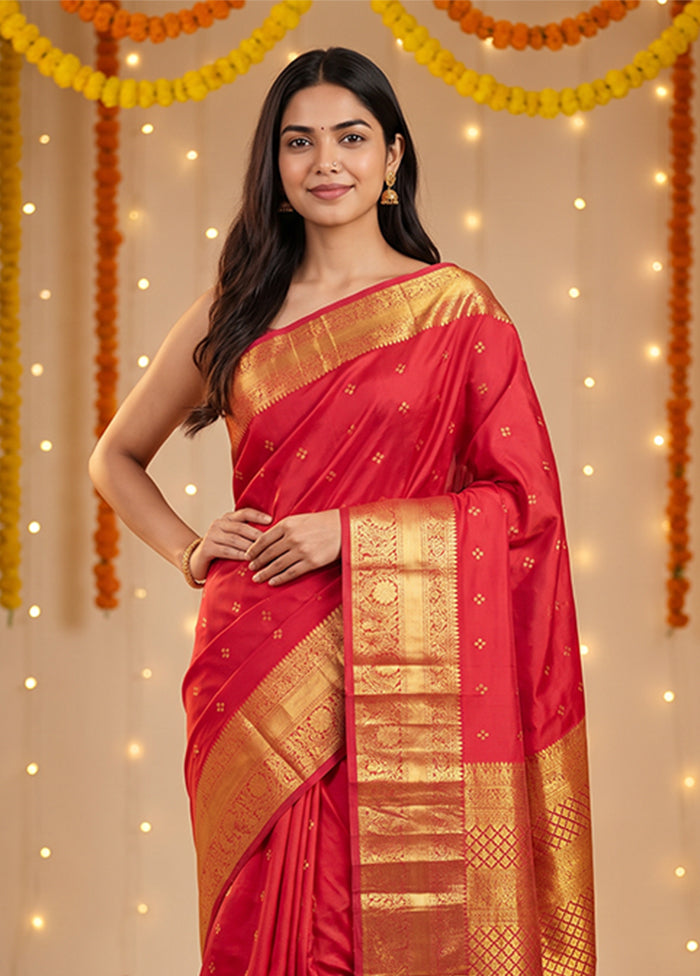 Red Handloom Kanchipuram Pure Silk Saree With Blouse Piece
