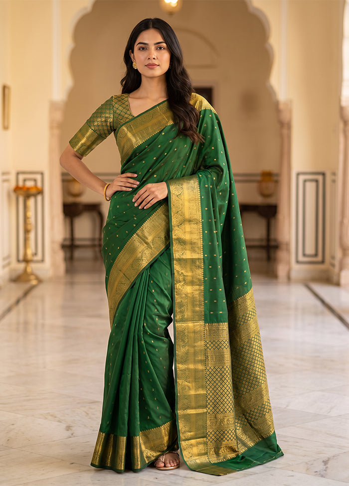 Green Handloom Kanchipuram Pure Silk Saree With Blouse Piece