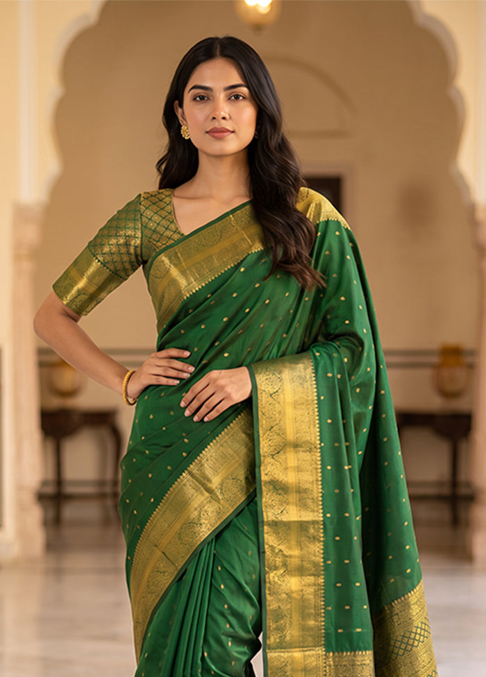 Green Handloom Kanchipuram Pure Silk Saree With Blouse Piece