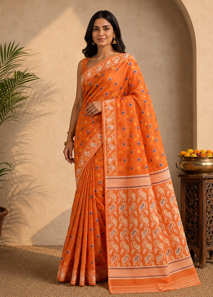 Orange Jamdani Cotton Saree Without Blouse Piece