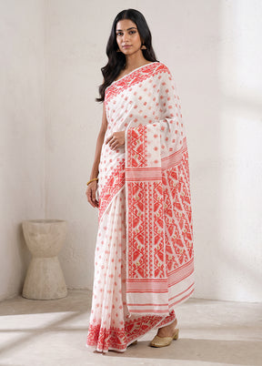 White Jamdani Cotton Saree Without Blouse Piece