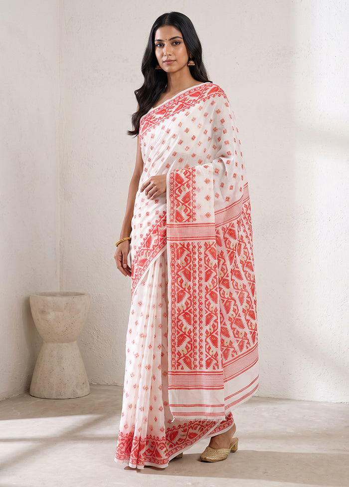 White Jamdani Cotton Saree Without Blouse Piece