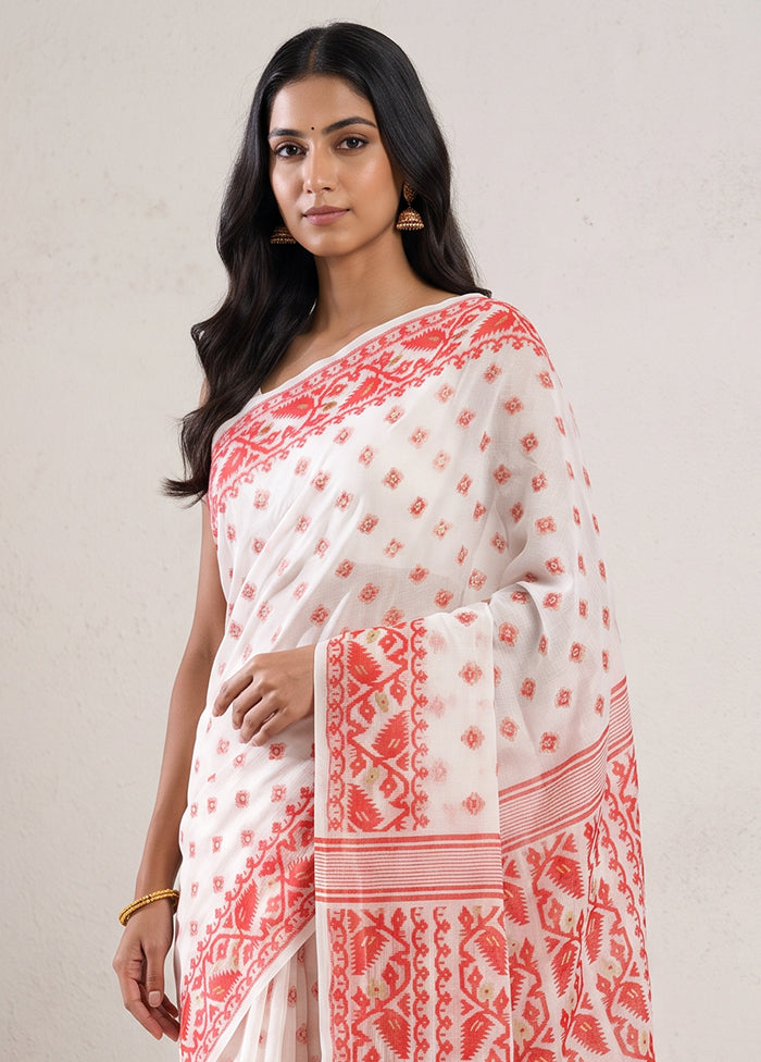 White Jamdani Cotton Saree Without Blouse Piece
