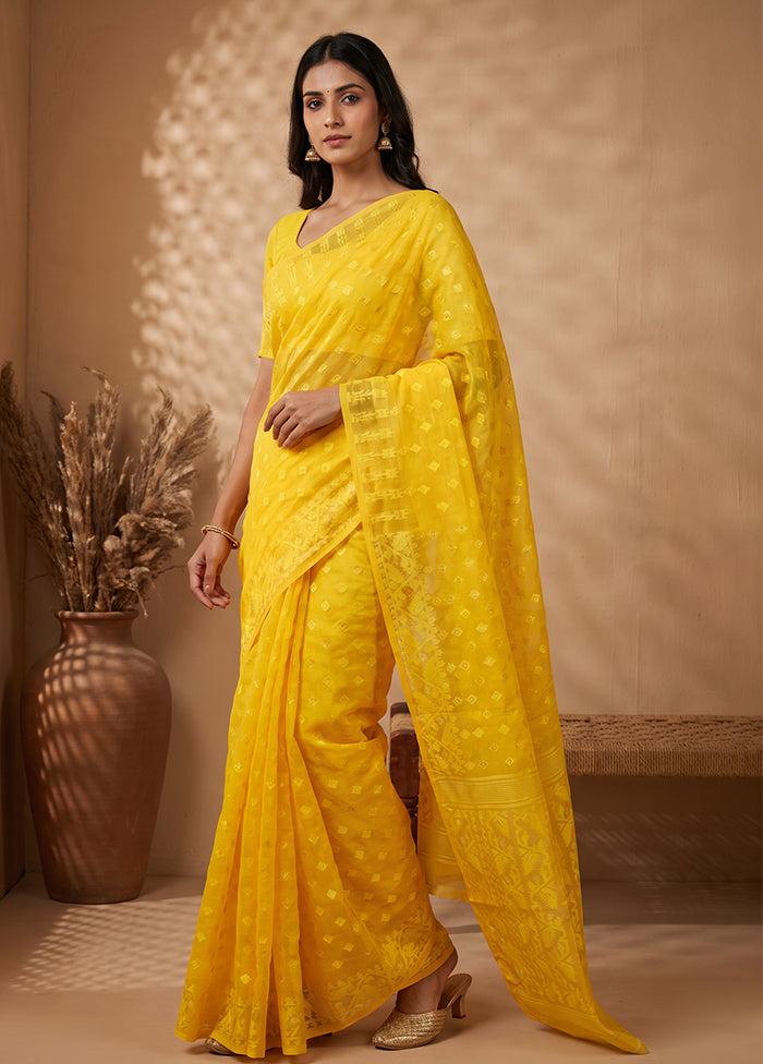 Yellow Jamdani Cotton Saree Without Blouse Piece