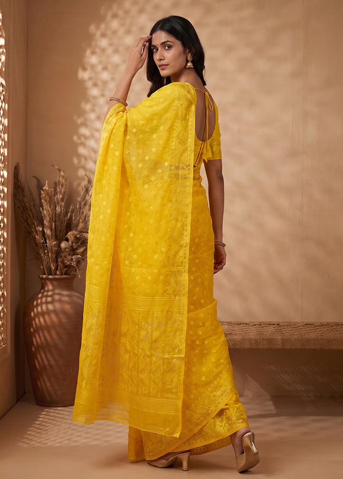 Yellow Jamdani Cotton Saree Without Blouse Piece