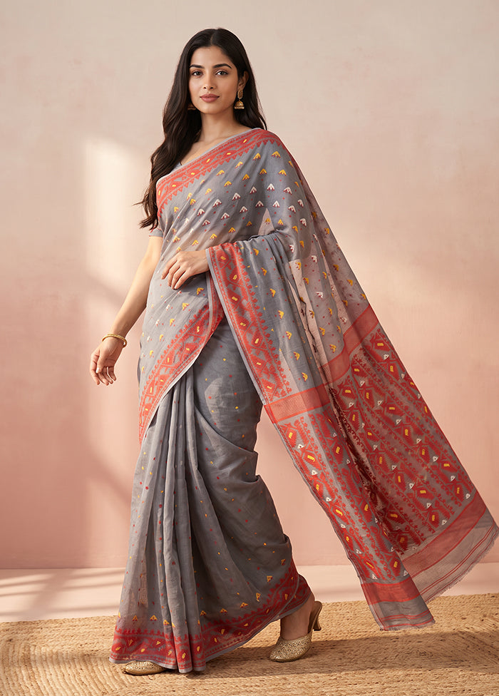 Grey Jamdani Cotton Saree Without Blouse Piece