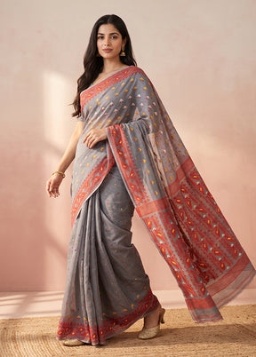 Grey Jamdani Cotton Saree Without Blouse Piece