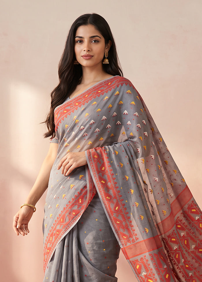 Grey Jamdani Cotton Saree Without Blouse Piece