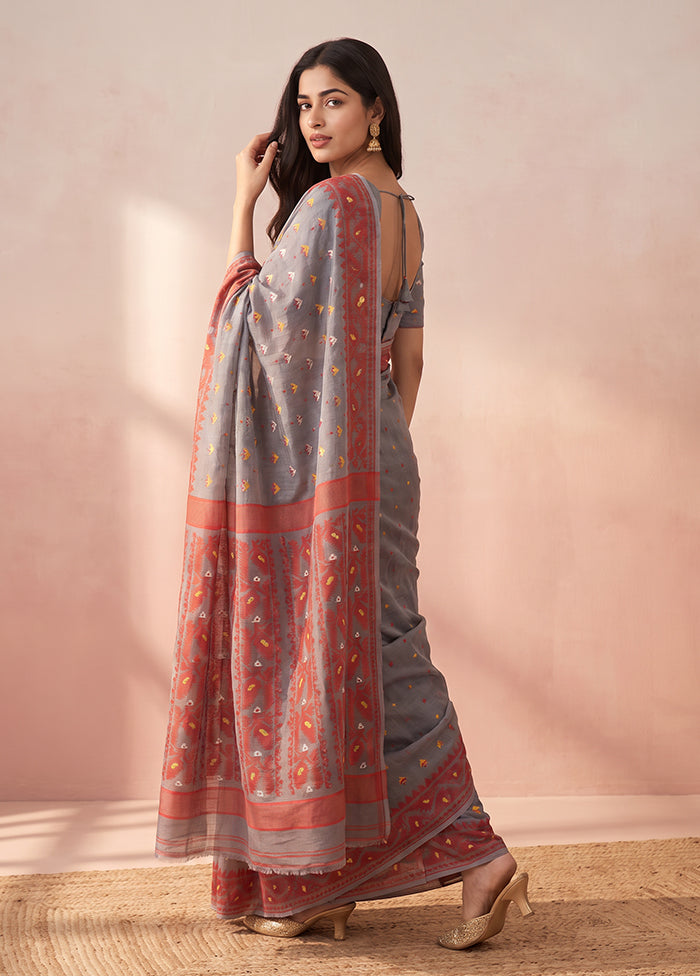 Grey Jamdani Cotton Saree Without Blouse Piece