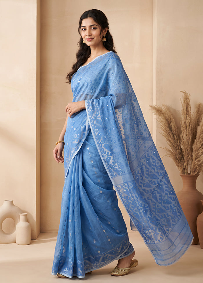 Blue Jamdani Cotton Saree Without Blouse Piece