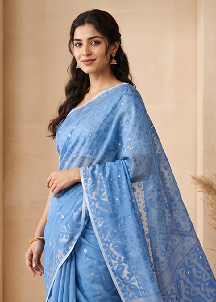 Blue Jamdani Cotton Saree Without Blouse Piece