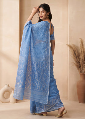 Blue Jamdani Cotton Saree Without Blouse Piece