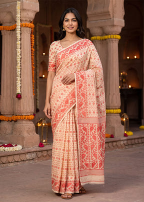 Cream Jamdani Cotton Saree Without Blouse Piece