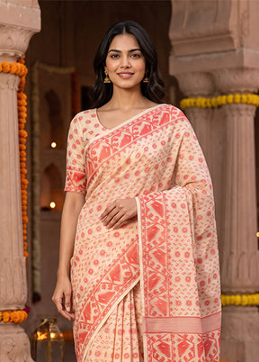 Cream Jamdani Cotton Saree Without Blouse Piece