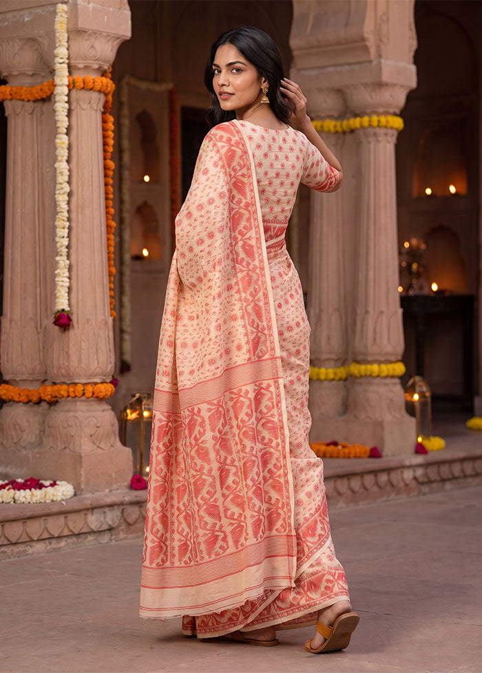 Cream Jamdani Cotton Saree Without Blouse Piece