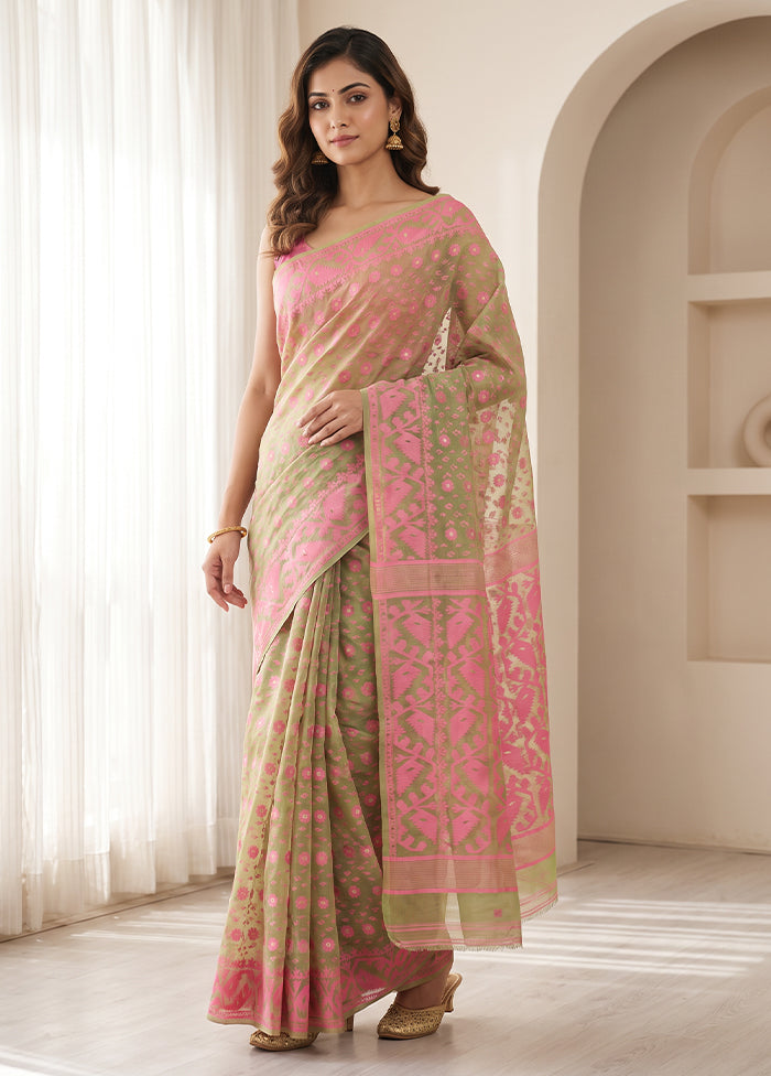 Green Jamdani Cotton Saree Without Blouse Piece