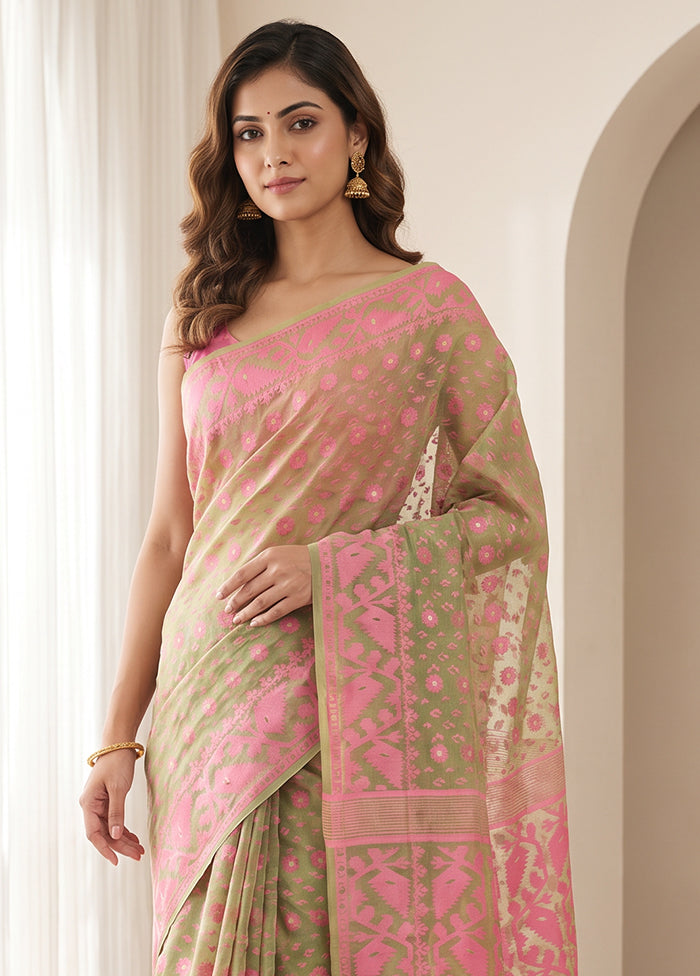 Green Jamdani Cotton Saree Without Blouse Piece