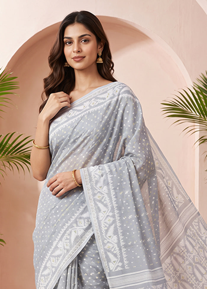 Grey Jamdani Cotton Saree Without Blouse Piece