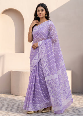 Purple Jamdani Cotton Saree Without Blouse Piece