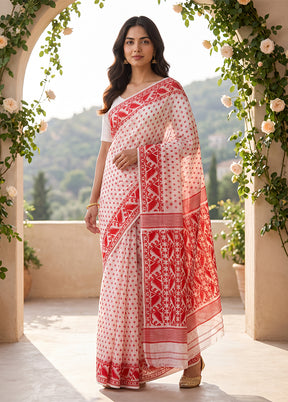 White Jamdani Cotton Saree Without Blouse Piece
