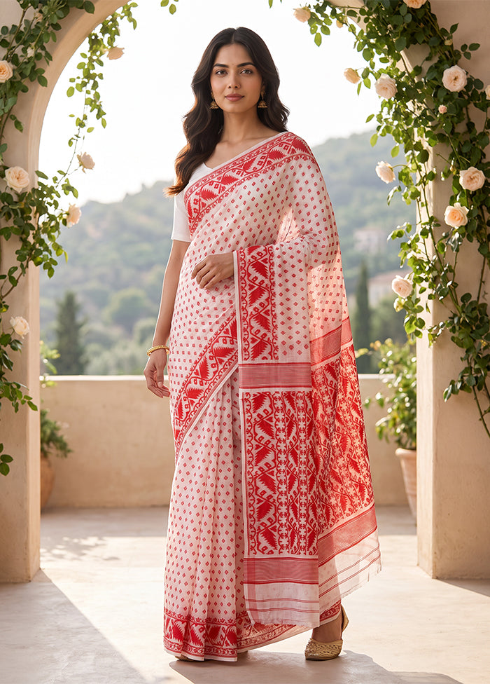 White Jamdani Cotton Saree Without Blouse Piece