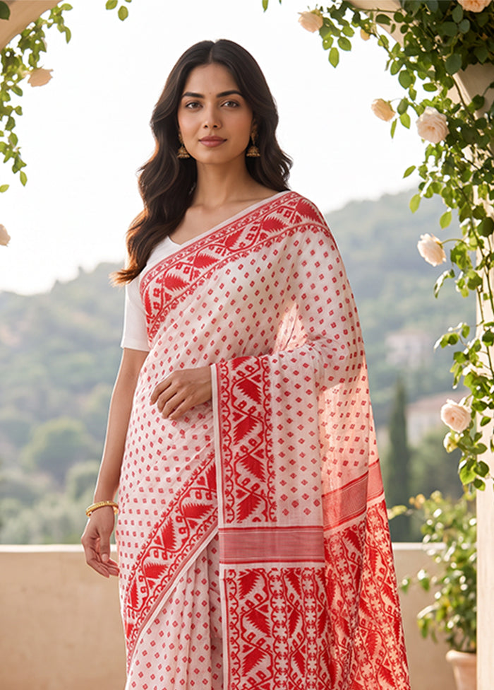 White Jamdani Cotton Saree Without Blouse Piece