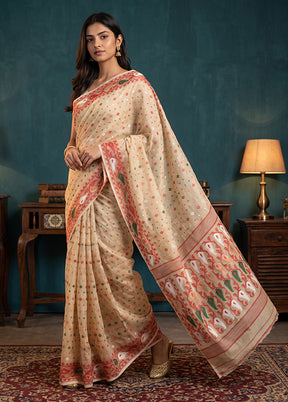 Cream Jamdani Cotton Saree Without Blouse Piece