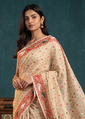 Cream Jamdani Cotton Saree Without Blouse Piece