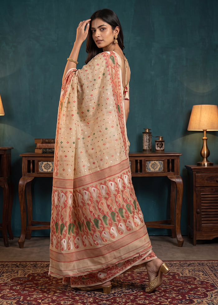 Cream Jamdani Cotton Saree Without Blouse Piece