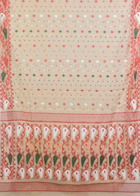 Cream Jamdani Cotton Saree Without Blouse Piece
