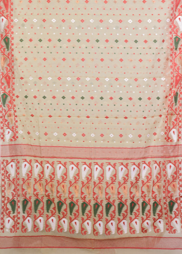 Cream Jamdani Cotton Saree Without Blouse Piece