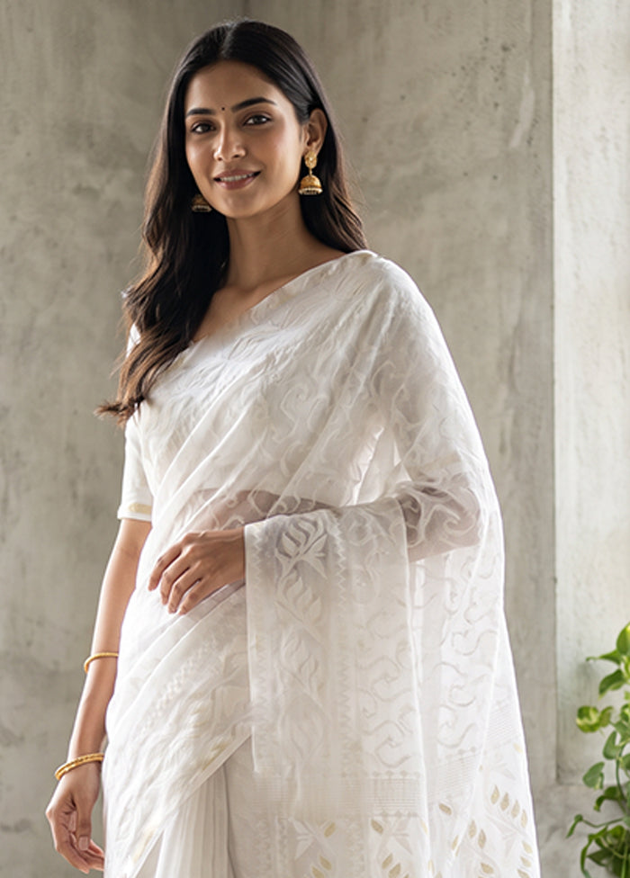 White Jamdani Cotton Saree Without Blouse Piece