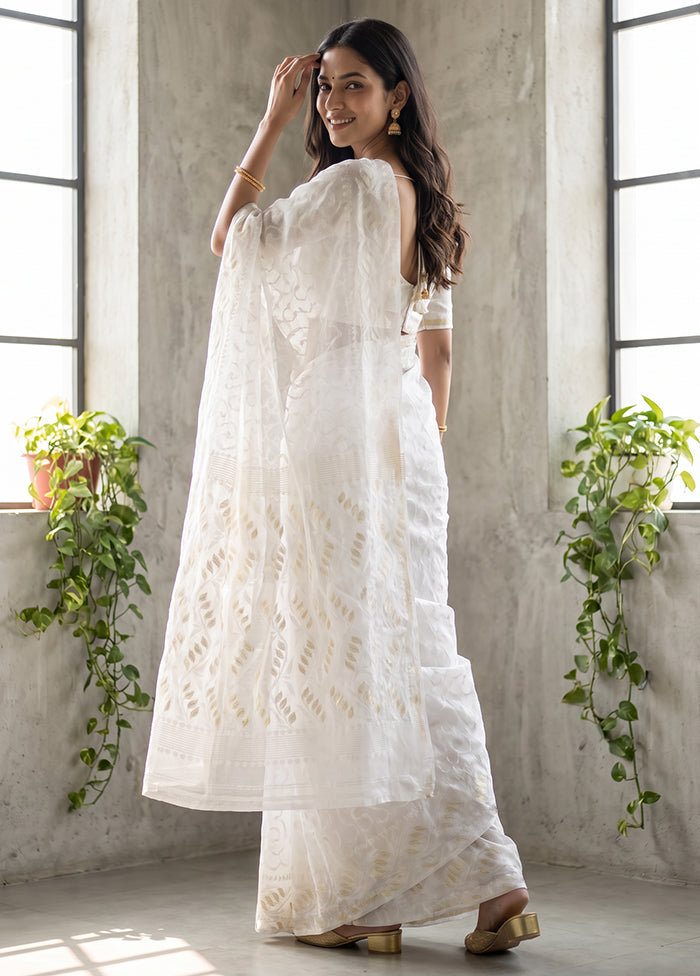 White Jamdani Cotton Saree Without Blouse Piece