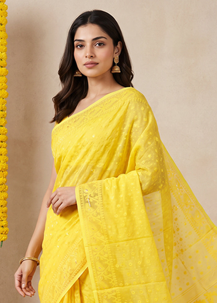 Yellow Jamdani Cotton Saree Without Blouse Piece