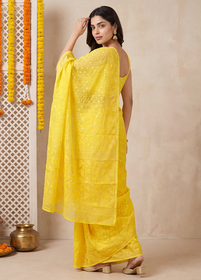 Yellow Jamdani Cotton Saree Without Blouse Piece