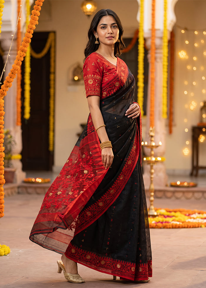 Maroon Jamdani Cotton Saree Without Blouse Piece
