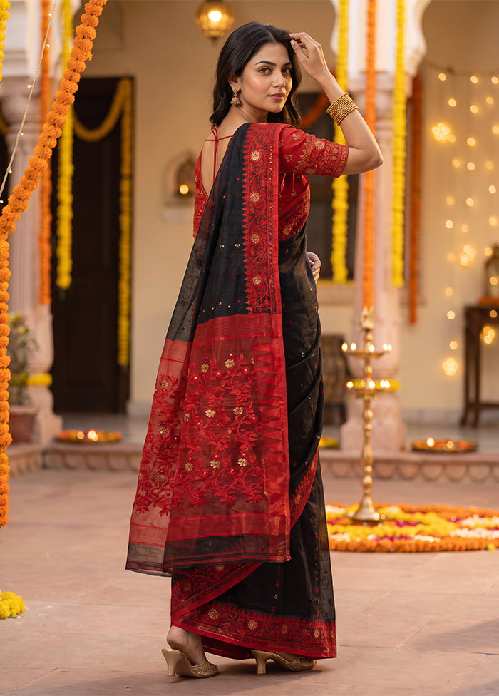 Maroon Jamdani Cotton Saree Without Blouse Piece