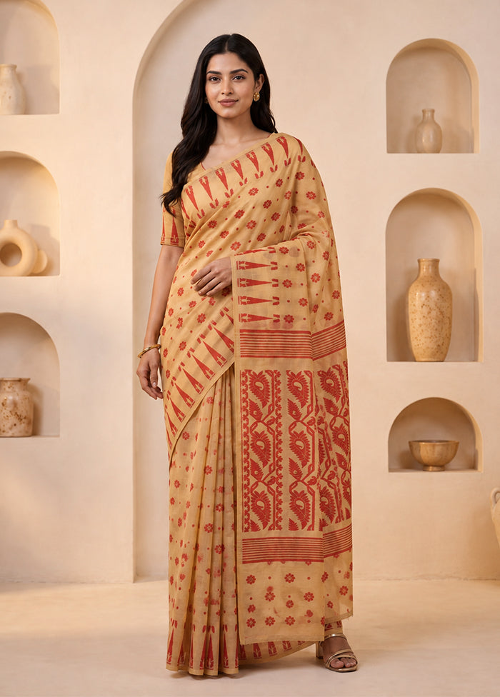 Cream Jamdani Cotton Saree Without Blouse Piece