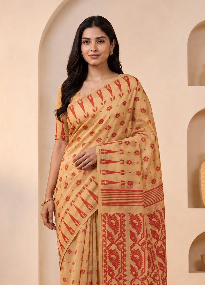 Cream Jamdani Cotton Saree Without Blouse Piece
